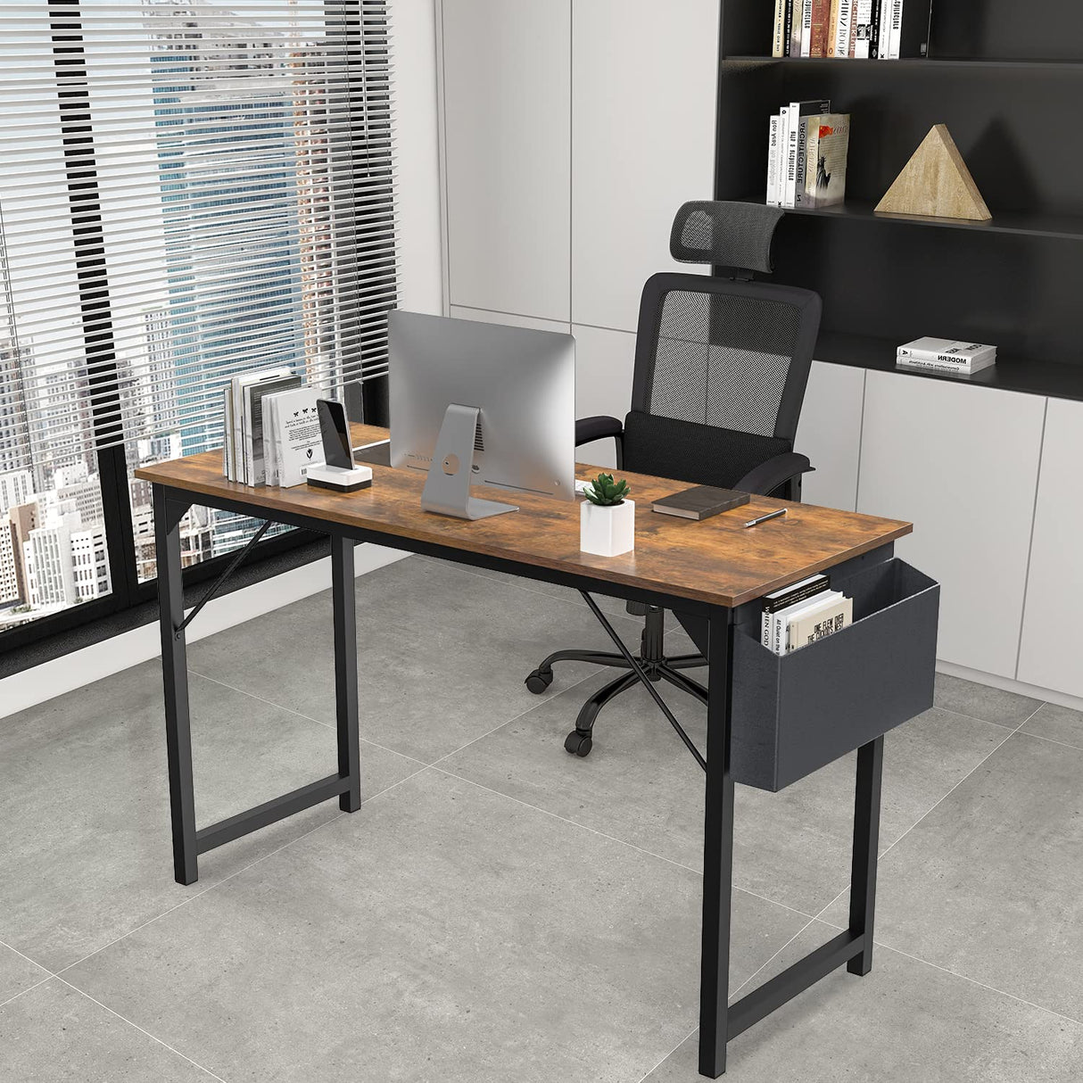 OLIXIS Computer Office Desk, 48 Inch Writing Work Study PC Wood Modern Table with Storage Bag & Headphone Hook Simple Bedroom for 2 Person Kids Student Table, Rustic Brown OLIXIS