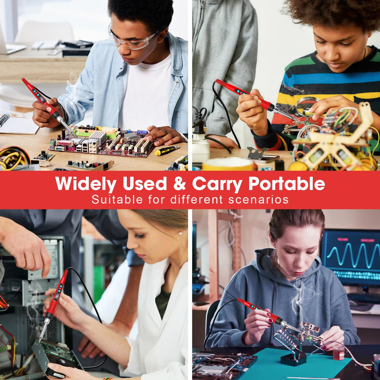 Soldering Iron Kit, 100W LED Digital Solder Gun kits with Ceramic Heater, Adjustable Temperature Welding Tools with Tips, Wick Braid, Stand, Solders Wire, Sponge, Flux Paste, Red Q-MING