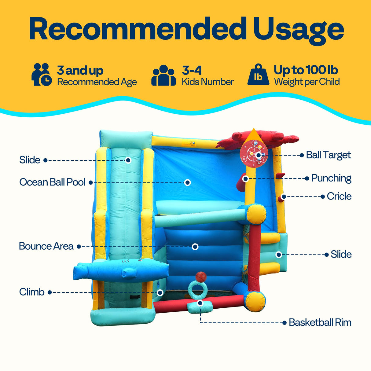 VIVOHOME 7 in 1 Bounce House for Kids, Sea Theme Inflatable Bouncy Castle with Slide, 12x10 FT Inflated Bouncer for Outdoor with Blower, Basketball, Climb, Jump Area, Ball, Water Pool, Hoop VIVOHOME