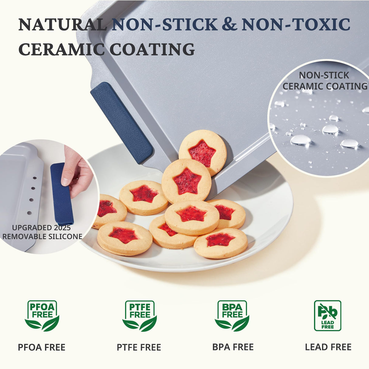 BRONYPRO Non Stick Ceramic Baking Sheet Pan Set of 3, Natural Non Toxic Cookie Sheets for Baking - PFOA, PTFE Free, Heavy Duty Aluminized Steel Oven Trays for Cooking with Silicone Handles, Navy BRONYPRO