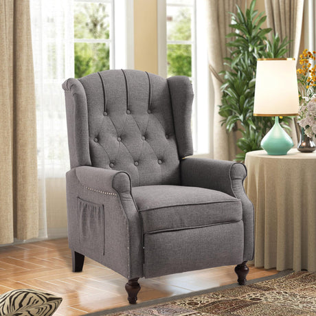TUNYI Wingback Recliner Chair, Push Back Chair Accent Chairs with Massage & Heat, Fabric Tufted Reclining Armchair with Side Pocket/Wood Legs/Nailhead Trim for Living Room (Grey) TUNYI