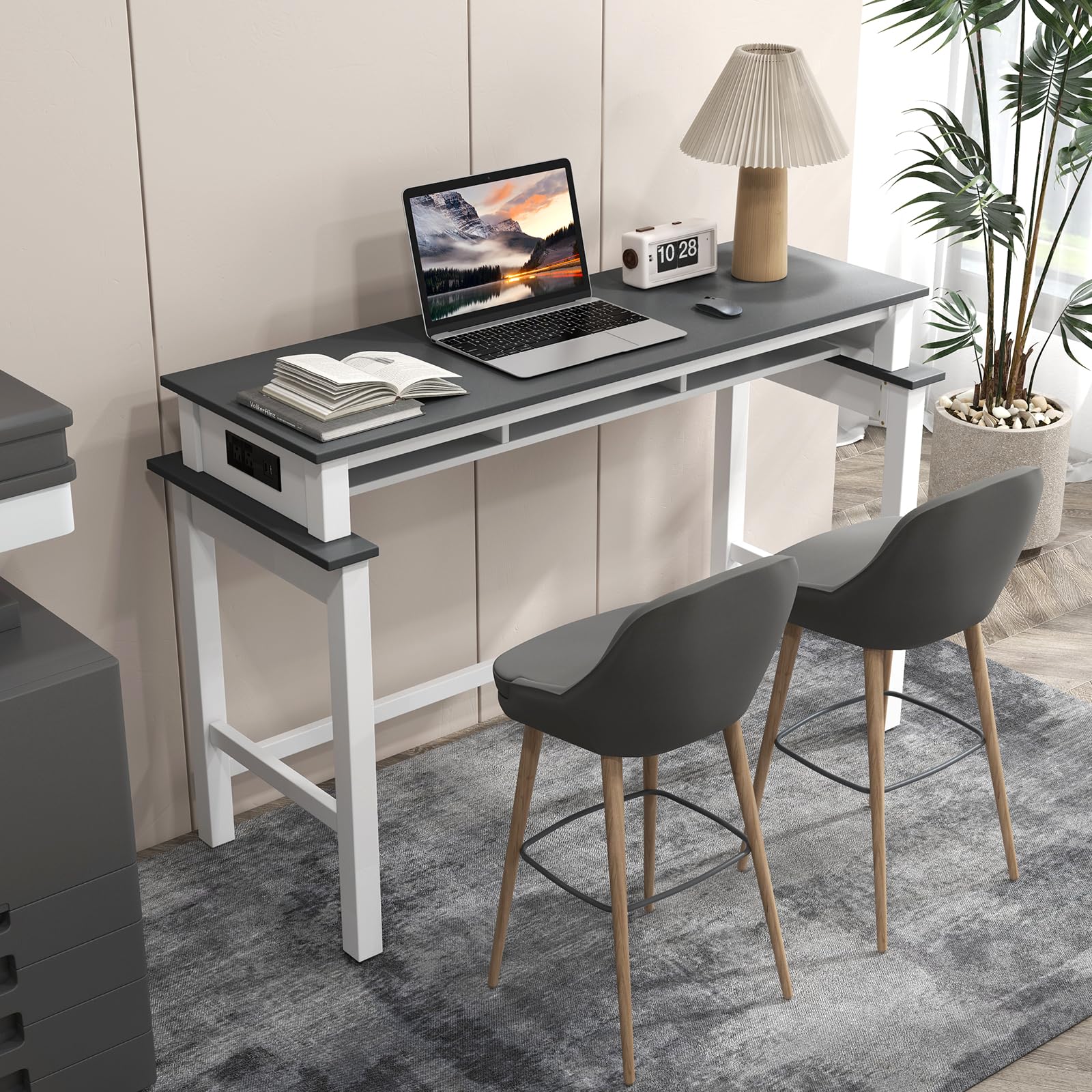 Giantex White and Grey Counter Height Bar Table with Power Outlets and Storage Compartments - WoodArtSupply