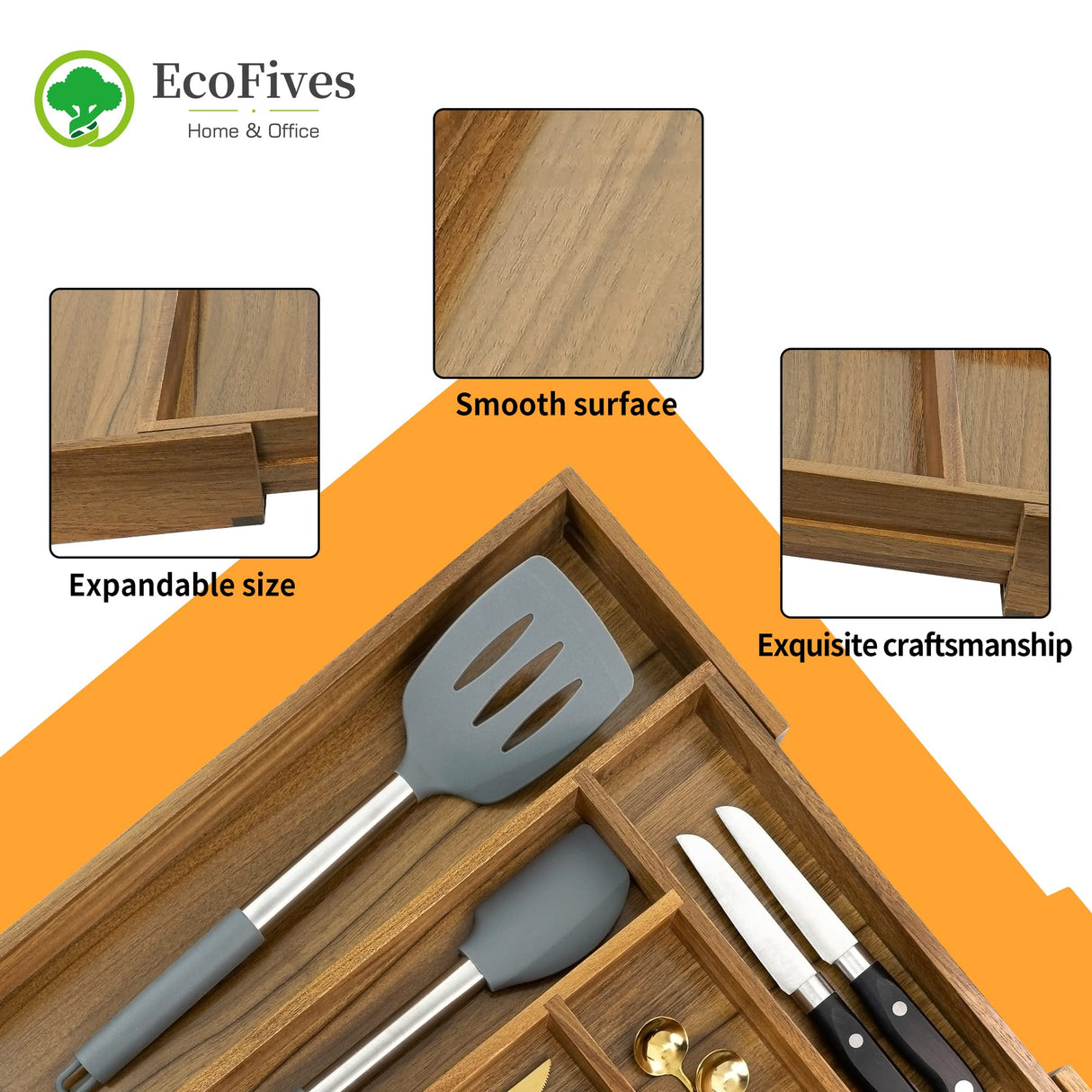 Luxury Acacia Kitchen Drawer Organizer - Silverware Organizer - Utensil Holder and Cutlery Tray with Grooved Drawer Dividers for Flatware and Kitchen Utensils (8 Slot), 17*12.4*2 inch EcoFives