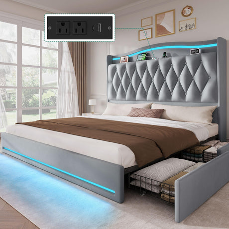 YITAHOME King Size Bed Frame with 4 Storage Drawers and RGB LED Lights, 57'' Tall Headboard Velvet Upholstered Bed with Charging Station, No Box Spring Needed, Easy Assembly, Noise-Free, Grey YITAHOME