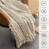 Ultra Soft Pre-Washed Quilted Boho Throw Blanket, Ruffle Fringed Beige Decorative Throw, Stone Washed Chic Rustic Blanket for Sofa Couch Bed Chair, 50"x 60" HORIMOTE HOME