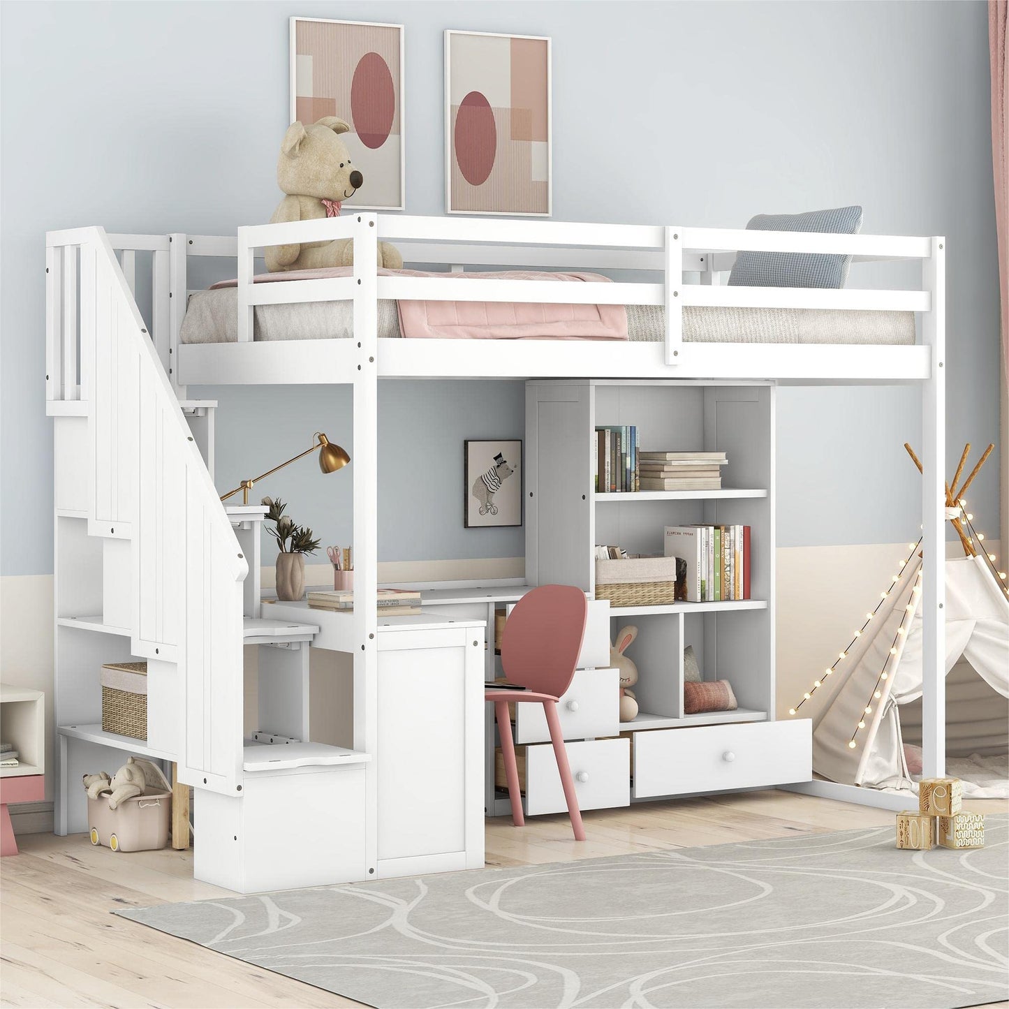 Twin Size Wooden Loft Bed with L-Shaped Desk and Storage Stairs in White