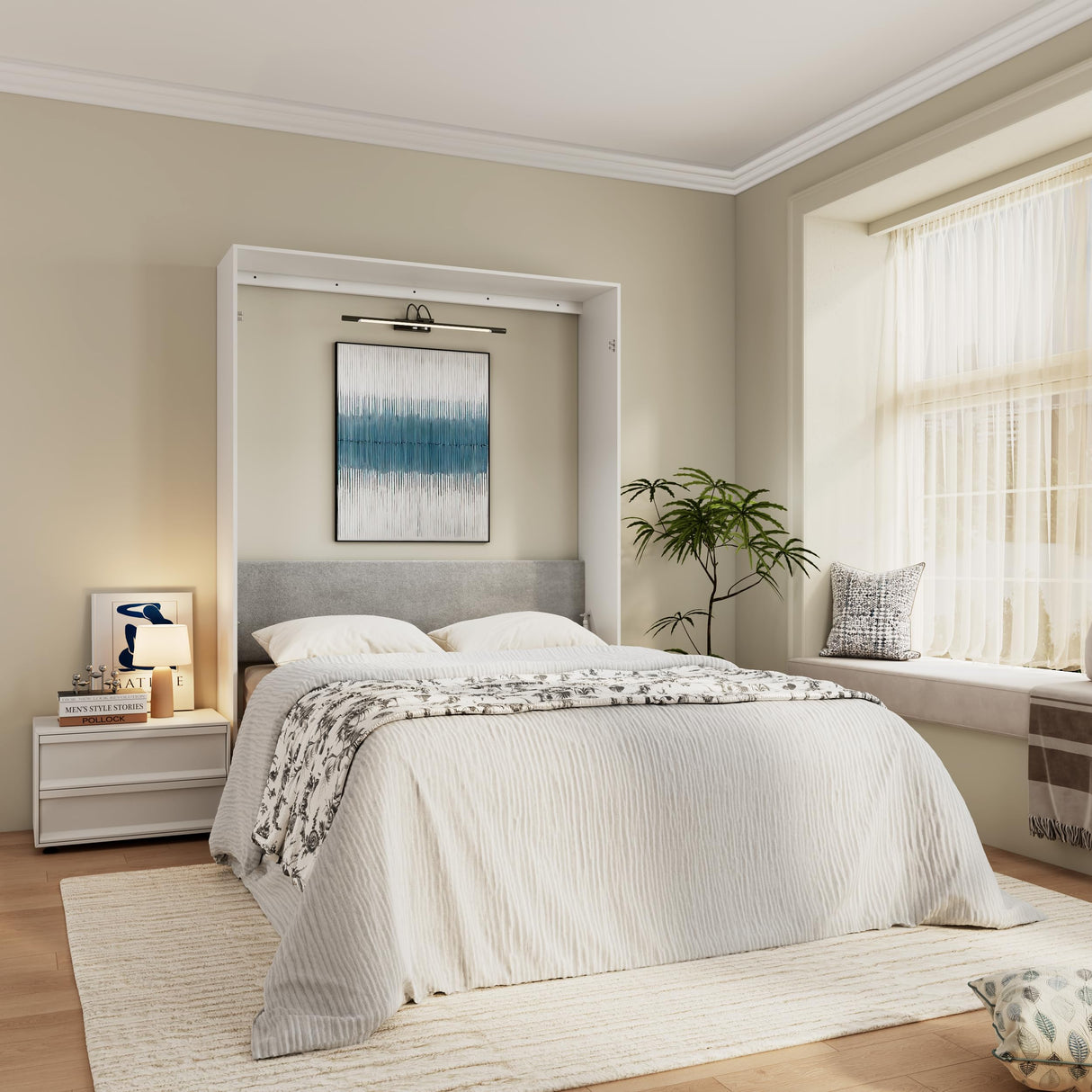 Farmhouse Murphy Bed Queen, 85" Wall Bed Folds to Save Space, Concealed Bed Frame with Hydraulic Rod and Wall Mounted Features for Apartment/Office/Guest Room Bobve