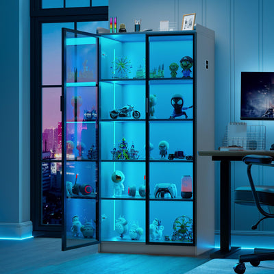 Lvifur 65" Display Cabinet with Lights, 5 Tier Curio Cabinets Bookcase with Adjustable Shelves, Tall Storage China-Cabinet with Human Body Induction for Living Room (Grey)