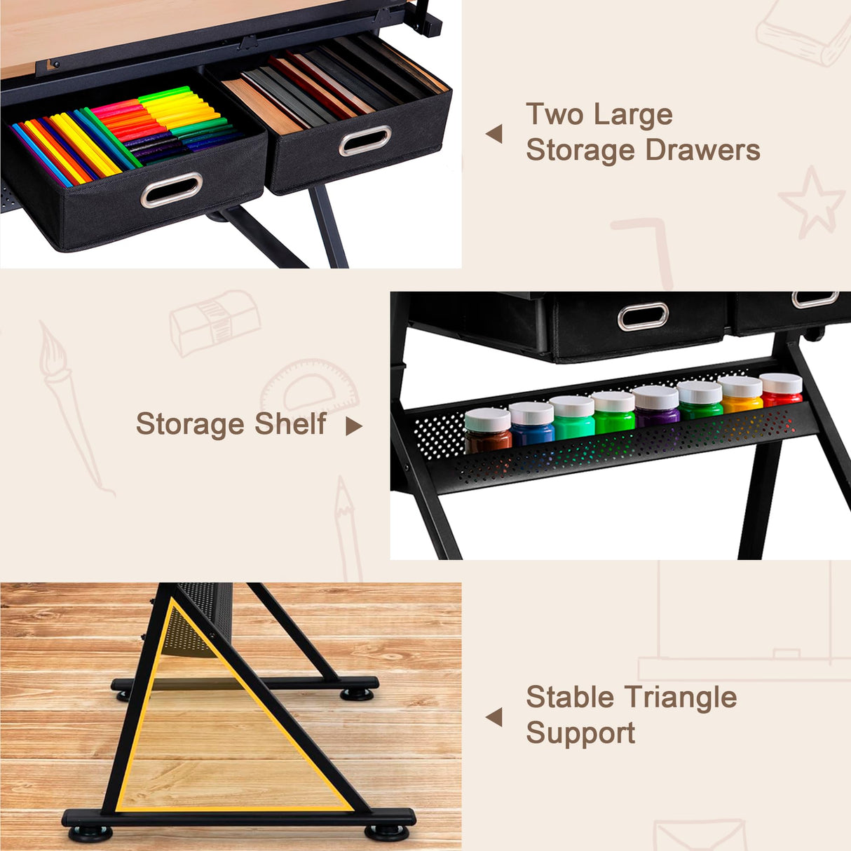 ZENY Adjustable Drafting Table with Stool, Tilting Drawing Desk Artist Table with Storage Drawers, Art Craft Workstation for Home Office Reading, Writing, Crafting (Brown-with Outlet) ZENY