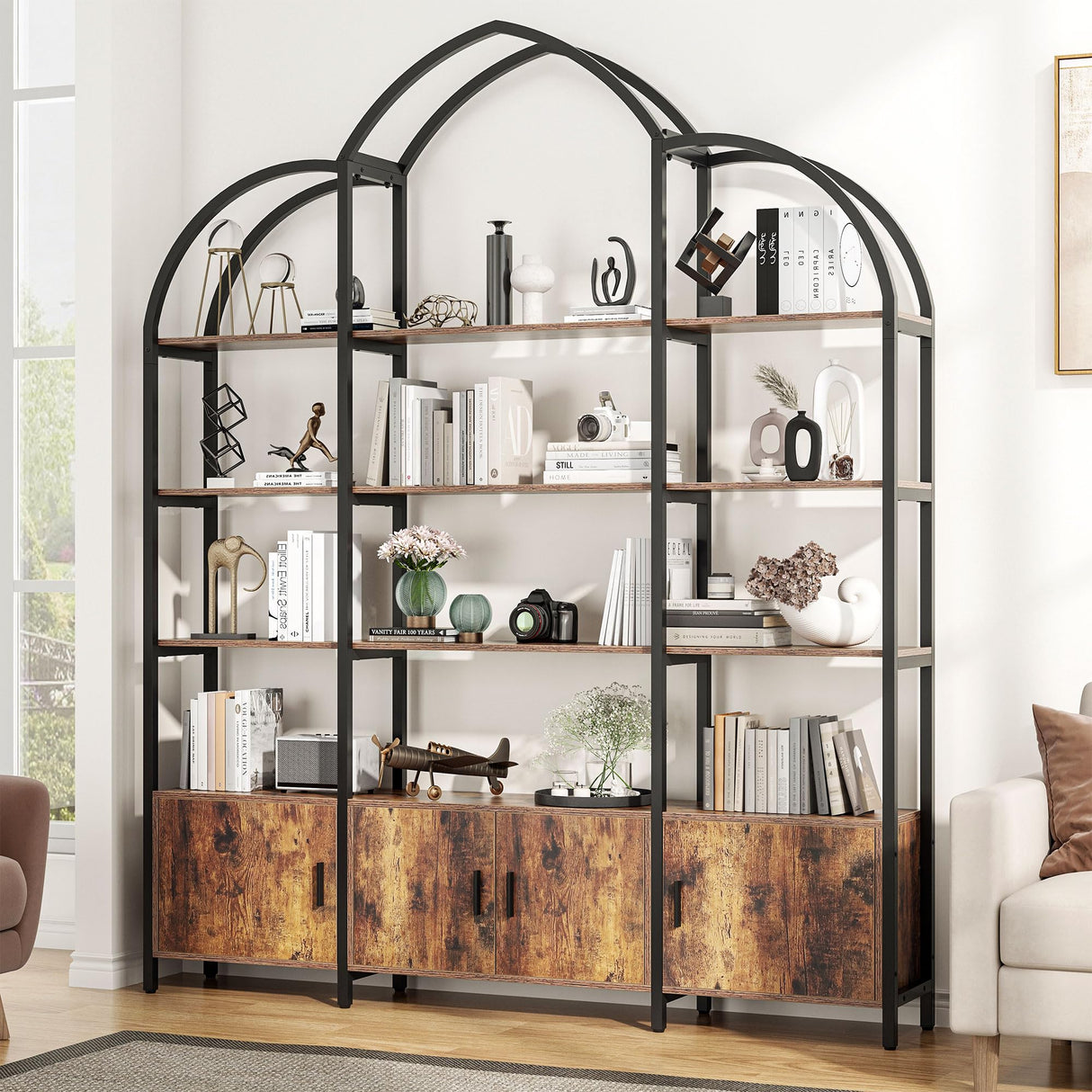 Nosepen Triple Wide 5 Tier Tall Arched Bookshelf and Bookcase with 3 Cabinets, Industrial Metal Etagere Open Bookshelf, Rustic Wood Standing Book Shelf with Black Metal Frame for Bedroom Living Room Nosepen