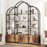 Nosepen Triple Wide 5 Tier Tall Arched Bookshelf and Bookcase with 3 Cabinets, Industrial Metal Etagere Open Bookshelf, Rustic Wood Standing Book Shelf with Black Metal Frame for Bedroom Living Room Nosepen