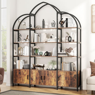 Nosepen Triple Wide 5 Tier Tall Arched Bookshelf and Bookcase with 3 Cabinets, Industrial Metal Etagere Open Bookshelf, Rustic Wood Standing Book Shelf with Black Metal Frame for Bedroom Living Room