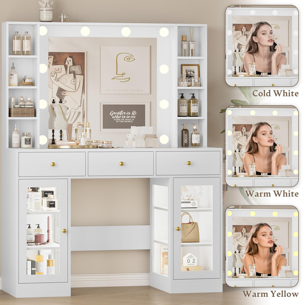 Wodeer Makeup Vanity Desk with Mirror and Lights, White Vanity with Glass Top, LED Lights & Power Outlet, 3 Drawers & 2 RGB Glass Cabinets, Adjustable Lighted Dressing Table for Women & Girls Bedroom Wodeer