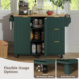 win2win Rolling Kitchen Island with Storage, Portable Kitchen Island with Drop Leaf Breakfast Bar, Modern Farmhouse Kitchen Cart on Wheels with Fluted Design, Towel Rack, Spice Rack, Olive Green win2win