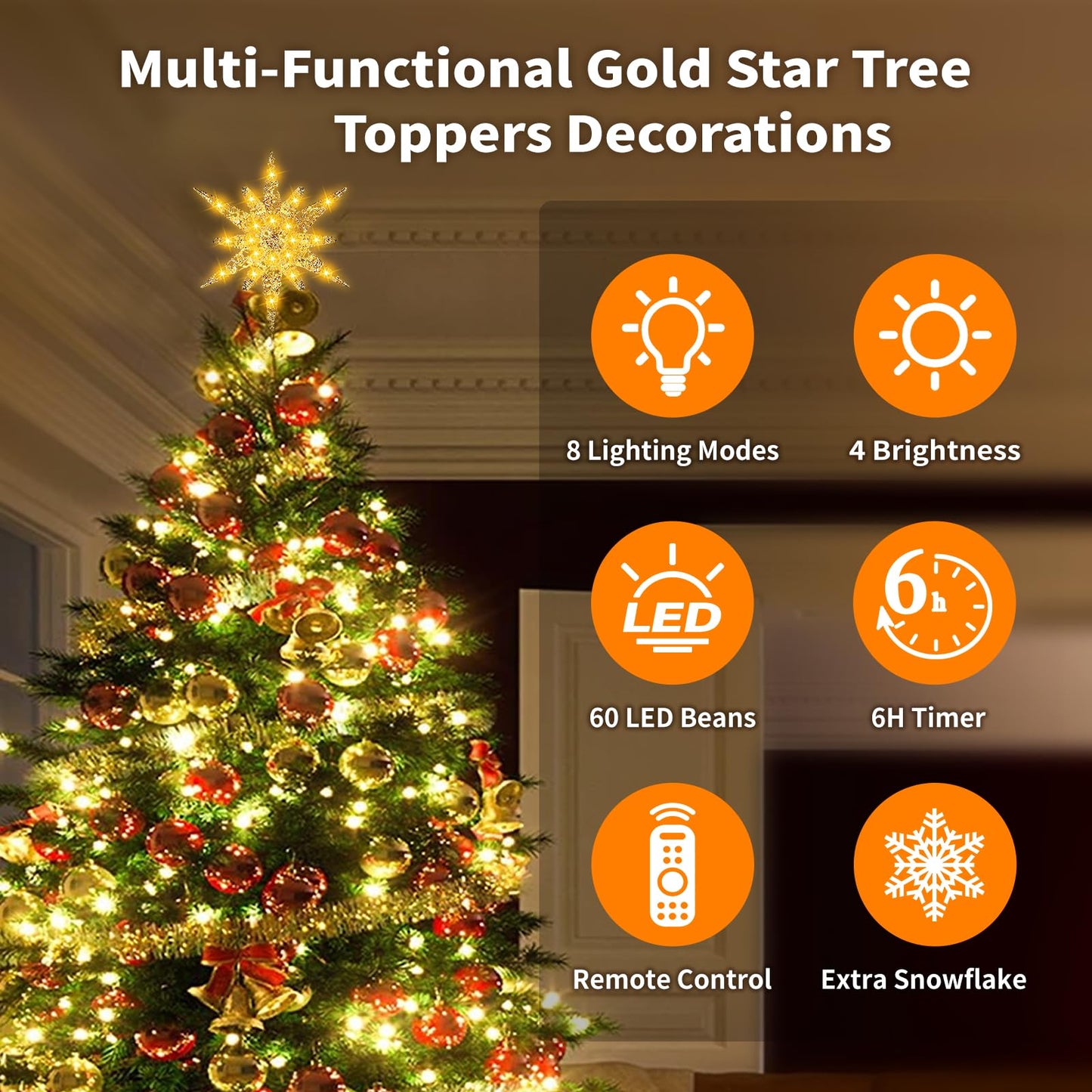 Christmas Tree Star Topper, 3D Tree Toppers Christmas Decorations with LED Lights 8 Lighting Modes Dimmable Timer USB Powered for Xmas Home Holiday Party Indoor Outdoor Ornaments Decor -15Inch Gold