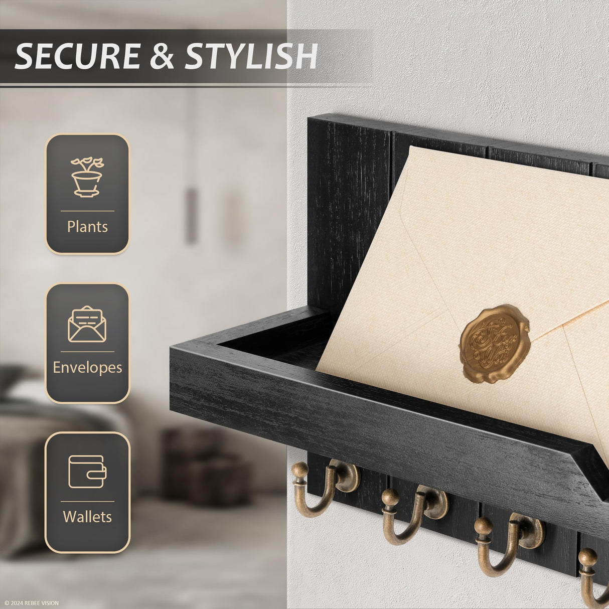 Rebee Vision Decorative Key and Mail Holder for Wall - Farmhouse 15 Inches Floating Shelf with 7 Sturdy Key Hooks for Home Entryway Wall Decor - Rustic Key Racks (Black) Rebee Vision