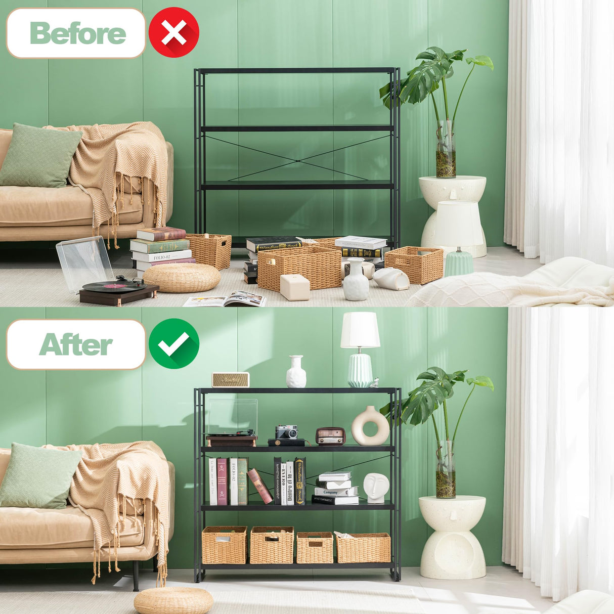 HCHQHS Bookshelf, 4-Tier Industrial Bookcase, Black Open Book Shelf, Freestanding Tall Bookshelves with Metal Frame HCHQHS