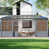 EROMMY 10' x 16' Sunroom, Wall Mounted Gazebo Solarium with Aluminum Frame, Polycarbonate Roof, Permanent Sun Room with Sliding Doors, Lockable PC Screen Walls, Lean to Gazebo for Garden, Patio, Grey EROMMY