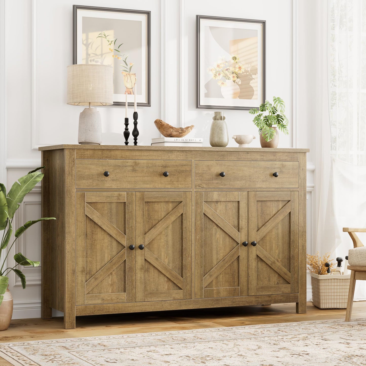 FOTOSOK Sideboard Buffet Cabinet with Storage, 55.1" Large Buffet Cabinet Kitchen Cabinet with Shelves and Doors, Farmhouse Coffee Bar Cabinet Wood Buffet Table Sideboard for Kitchen, Rustic  - WoodArtSupply