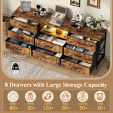 Loomie 63 Inch Dresser for Bedroom, Wide Long Fabric Dresser with LED Lights & 8 Drawers, Large TV Stand for 55, 65, 70 Inch TV, Entertainment Center with Storage (Rustic Brown) Loomie