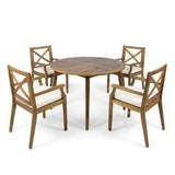 GDFStudio Outdoor 5 Piece Acacia Wood Dining Set with Cushions, Teak Finish and Cream GDFStudio