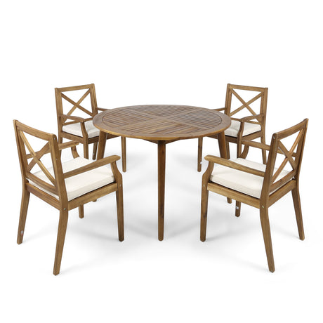 GDFStudio Outdoor 5 Piece Acacia Wood Dining Set with Cushions, Teak Finish and Cream GDFStudio
