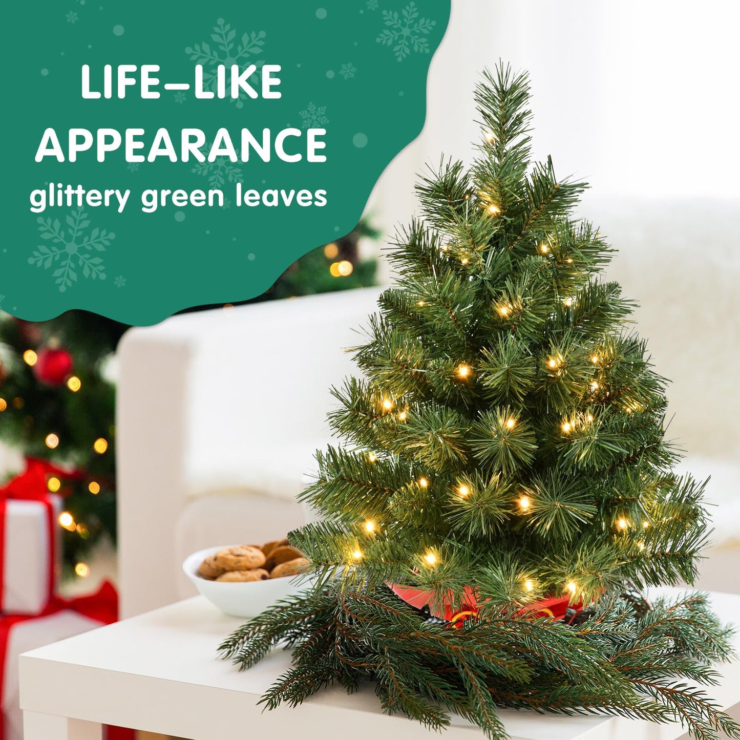 Pre-lit Artificial Mini Christmas Tree | Leeheeyee 2ft Tabletop Christmas Tree with 50 LED Lights, Battery Operated Small Xmas Pine Tree with Burlap Base for Table Desk Home Christmas Decor