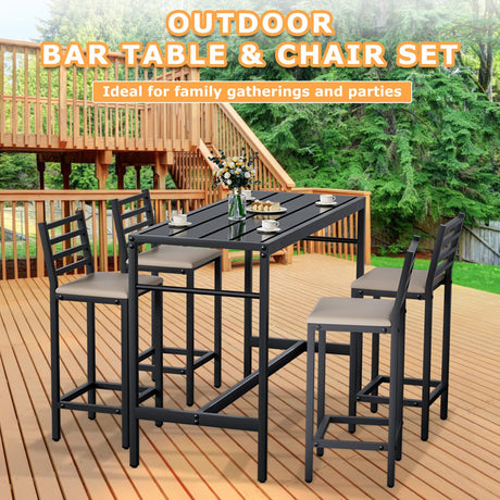 Jinrrenyi 5 Piece Outdoor Patio Bar Set, 54.7" Rectangular Counter Height High Top Bar Tables, 4 Cushioned 41" Bar Stools, Metal Bar Table and Chairs Set for Poolside, Balcony, Backyard, Porch Jinrrenyi