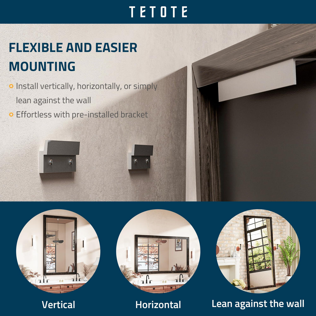 TETOTE 40 x 30 Inch Black Rustic Bathroom Wood Framed Mirror for Over Sink, Farmhouse Natural Dark Black Wooden Rectangle Decorative Wall Mirror, Horizontal/Vertical, Easy to Install TETOTE