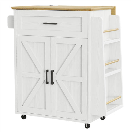 IRONCK Kitchen Island Table with Storage, Rolling Kitchen Cart with Power Outlet, Storage Cabinets on Wheels with Drop Leaf, Portable for Dining Room, White IRONCK