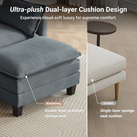 Amsleekey Modular Sectional Sofa, 111.5" U-Shaped Corduroy Comfy Sectional Couches for Living Room, 3-Seater Cloud Couches with 2 Movable Ottomans, Flexible Combination Modern Deep Seat Sofa (Grey) Amsleekey