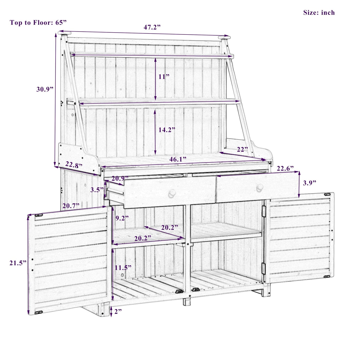 P PURLOVE Garden Potting Bench Table,Fir Wood Outdoor Garden Work Bench with Storage Shelf, Drawer and Cabinet for Garden,Backyard,Outdoor,White