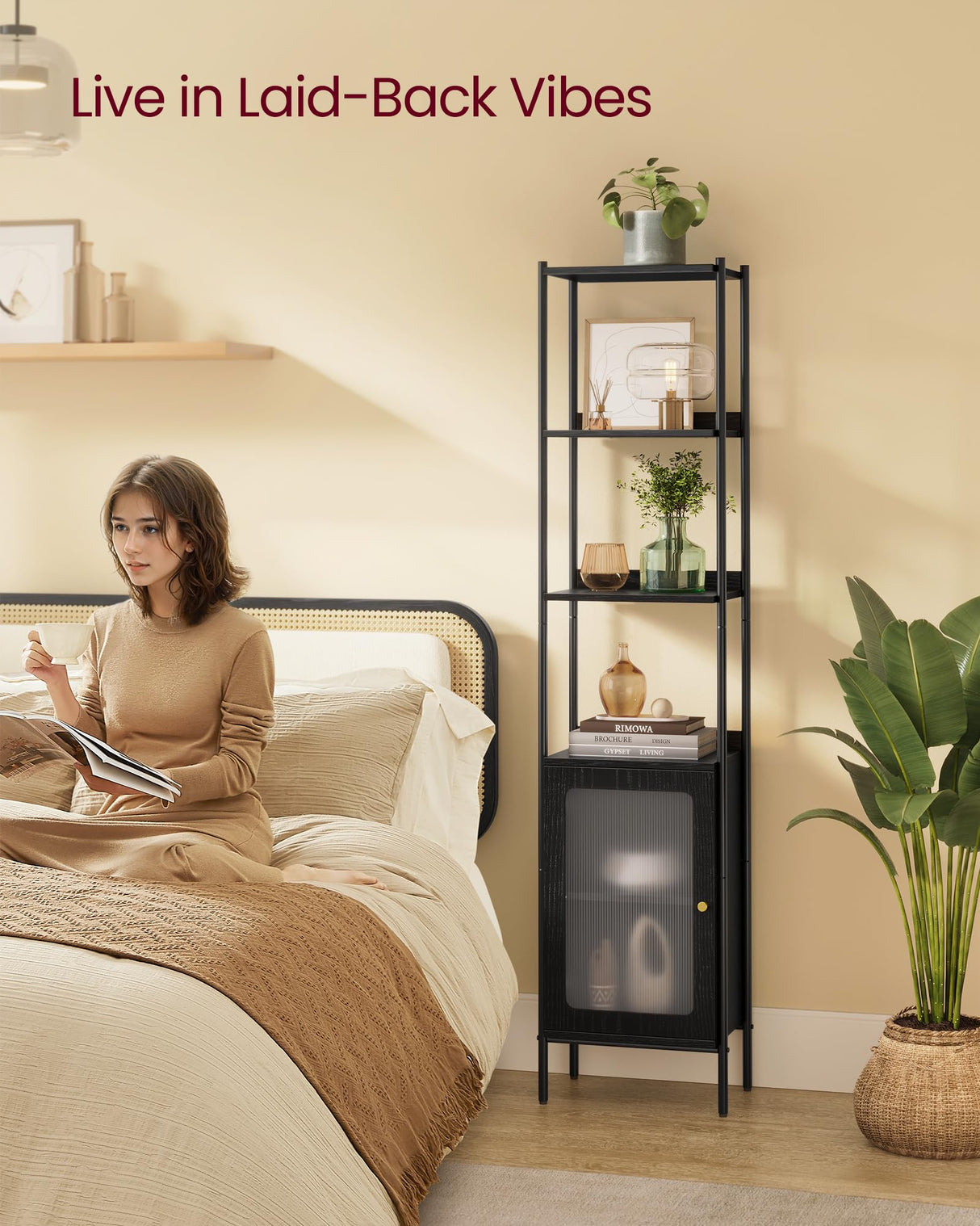 VASAGLE Slim 6-Tier Bookcase with PC Door and Adjustable Shelves in Ebony Black and Matte Black VASAGLE