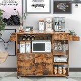 IRONCK Rolling Kitchen Island Cart with Drop-Leaf and Wine Rack, Microwave Rack Serving Cart on Wheels with Drawer & Shelves & Spice Rack & Cup Hanging, Vintage Brown IRONCK