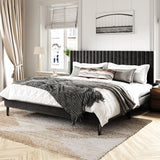 Sismplly King Size Bed Frame with Velvet Upholstered Headboard, Platform Bed with Strong Wood Slats, Mattress Foundation, Box Spring Optional, Easy Assembly, Black Sismplly