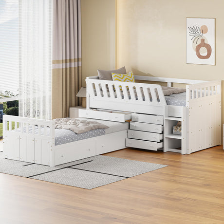 MERITLINE Twin Size Low Loft Bed and Twin Platform Bed Set, Solid Wood L-Shaped Kids Beds Frame with 7 Storage Drawers and Full Guardrails, Space-Saving 2 Beds for Girls Boys,White MERITLINE