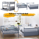 Rophefx Full Over Full Bunk Bed with Trundle, Wood Convertible Bunk Beds for Kids, Bunkbed Frame with Safety Rails and Ladders, Bunk Beds for for Adult, Teens, Grey Rophefx