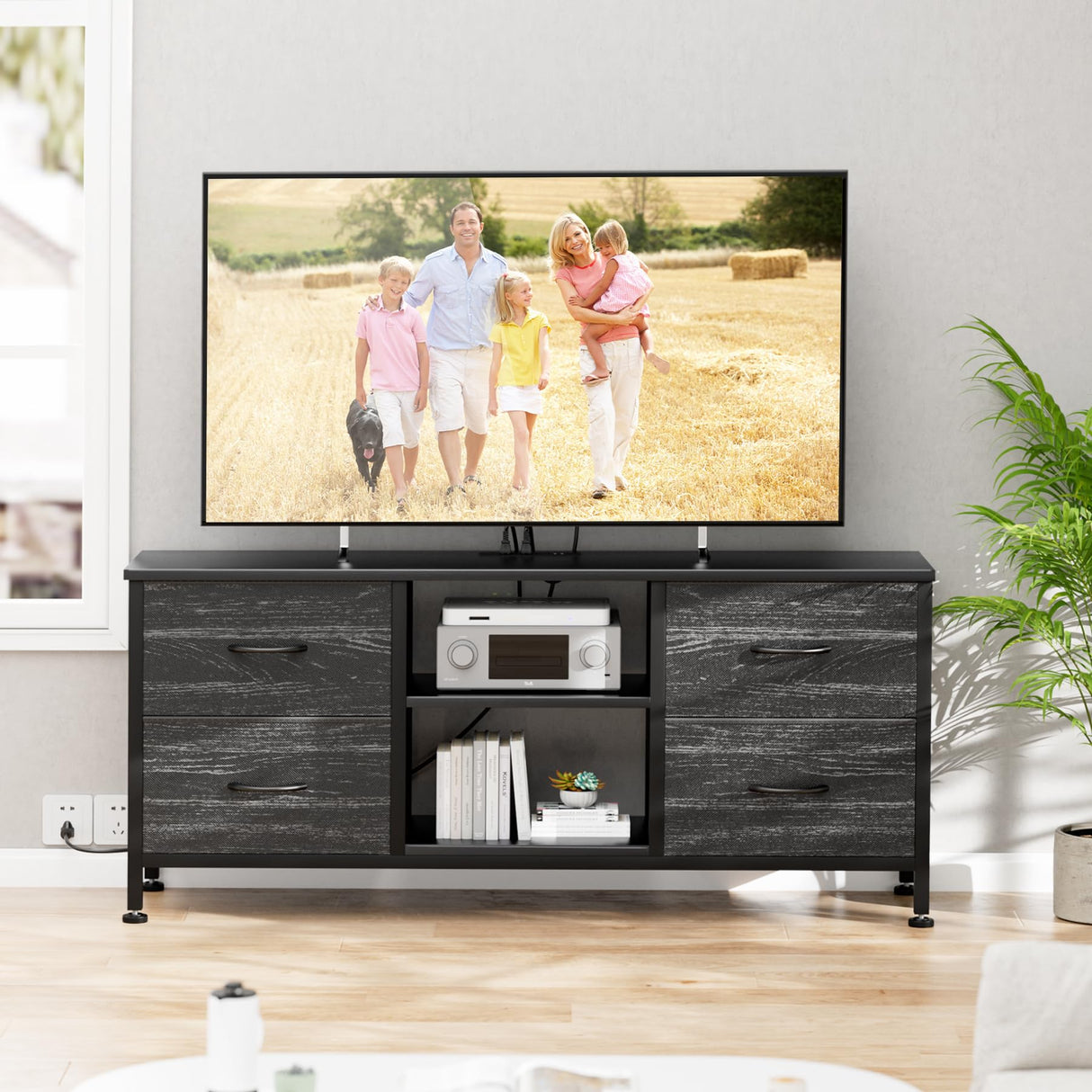 YaFiti TV Stand for Bedroom, Dresser TV Stand with 4 Fabric Drawers & Open Shelves for 50" TV, Entertainment Center with Power Outlet, Dresser for Bedroom, Living Room, Entryway, Black Wood Veins YaFiti