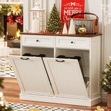 Spurgehom Double Tilt Out Trash Cabinet 13 Gallon Kitchen Waste Bins, Laundry Hamper Tilt Out Pet Proof Hidden Trash Bin for Kitchen, Antique White Spurgehom