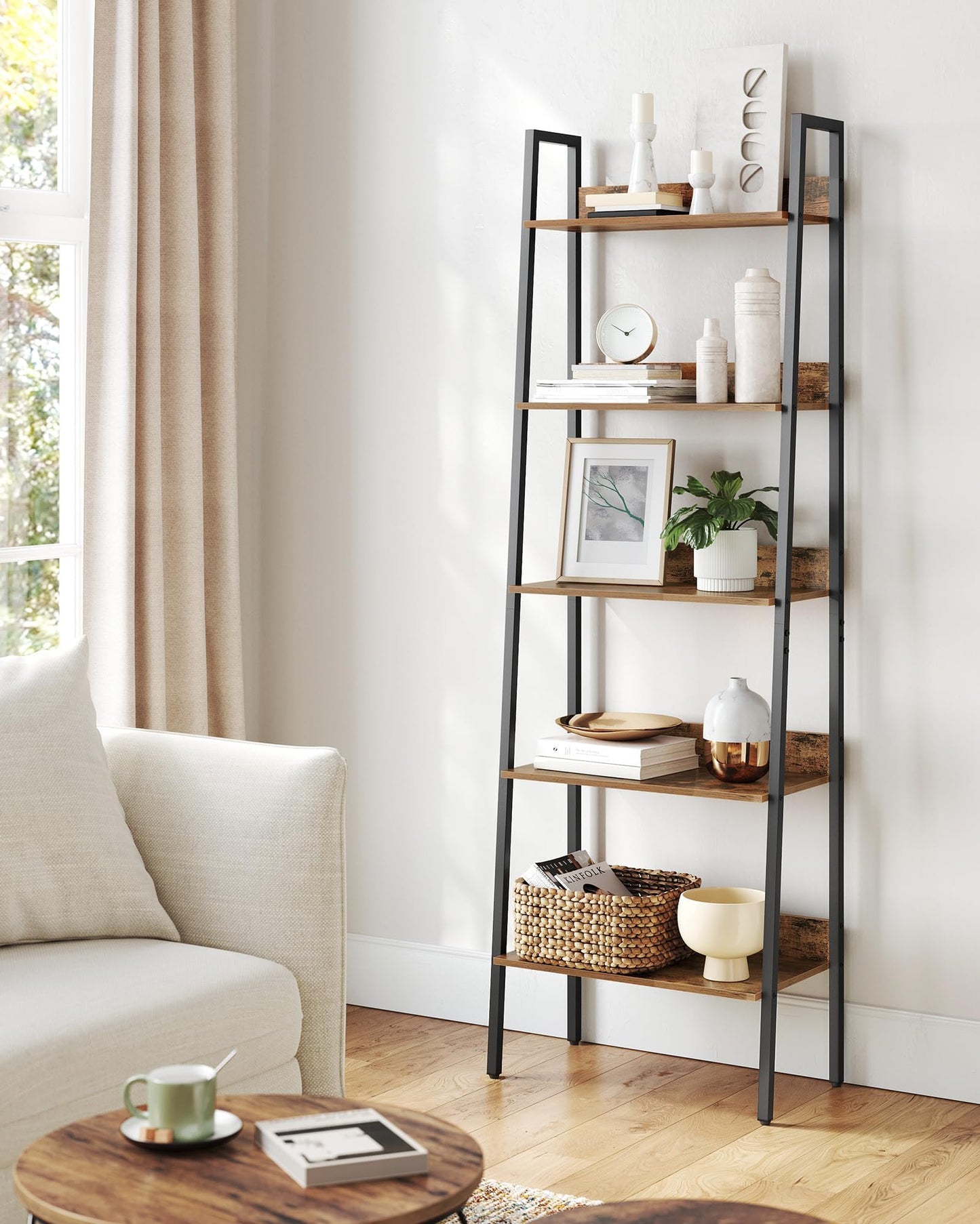 VASAGLE Bookshelf, 5-Tier Narrow Bookcase, Ladder Shelf for Home Office, Living Room, Bedroom, Kitchen, Rustic Brown and Ink Black ULLS067B01