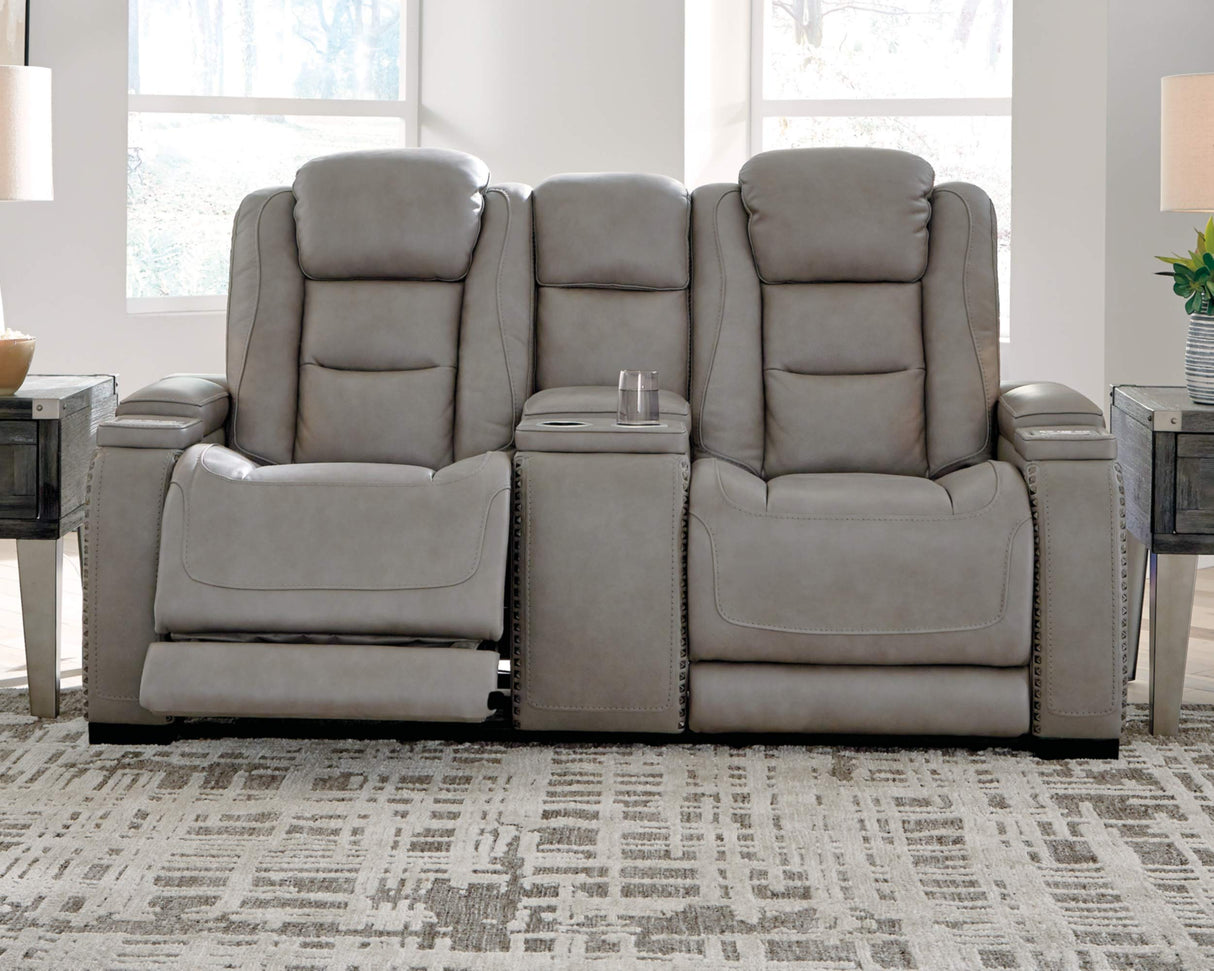 Signature Design by Ashley The Man-Den Leather Power Reclining Loveseat with Center Console, Adjustable Headrest & Wireless Charging, Gray Signature Design by Ashley