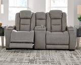 Signature Design by Ashley The Man-Den Leather Power Reclining Loveseat with Center Console, Adjustable Headrest & Wireless Charging, Gray Signature Design by Ashley