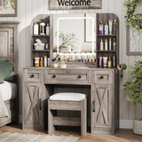 Vabches Makeup Vanity Desk, Vanity Mirror with Lights Desk and Chair,Makeup Table with 3 Large Drawers and 2 Cabinets, Time and Temperature Display, 3 LED Lighting Modes Adjustable, Grey Vabches