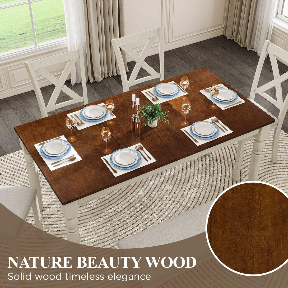 LUXOAK 6-Piece Dining Table Set for 6 People, Solid Wood Table & Upholstered Chair Set w/Bench Seat, Farmhouse Wood Kitchen Table Chairs Set for Living Room, Dining Room, Off White+Brown LUXOAK