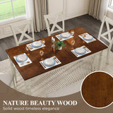 LUXOAK 6-Piece Dining Table Set for 6 People, Solid Wood Table & Upholstered Chair Set w/Bench Seat, Farmhouse Wood Kitchen Table Chairs Set for Living Room, Dining Room, Off White+Brown LUXOAK