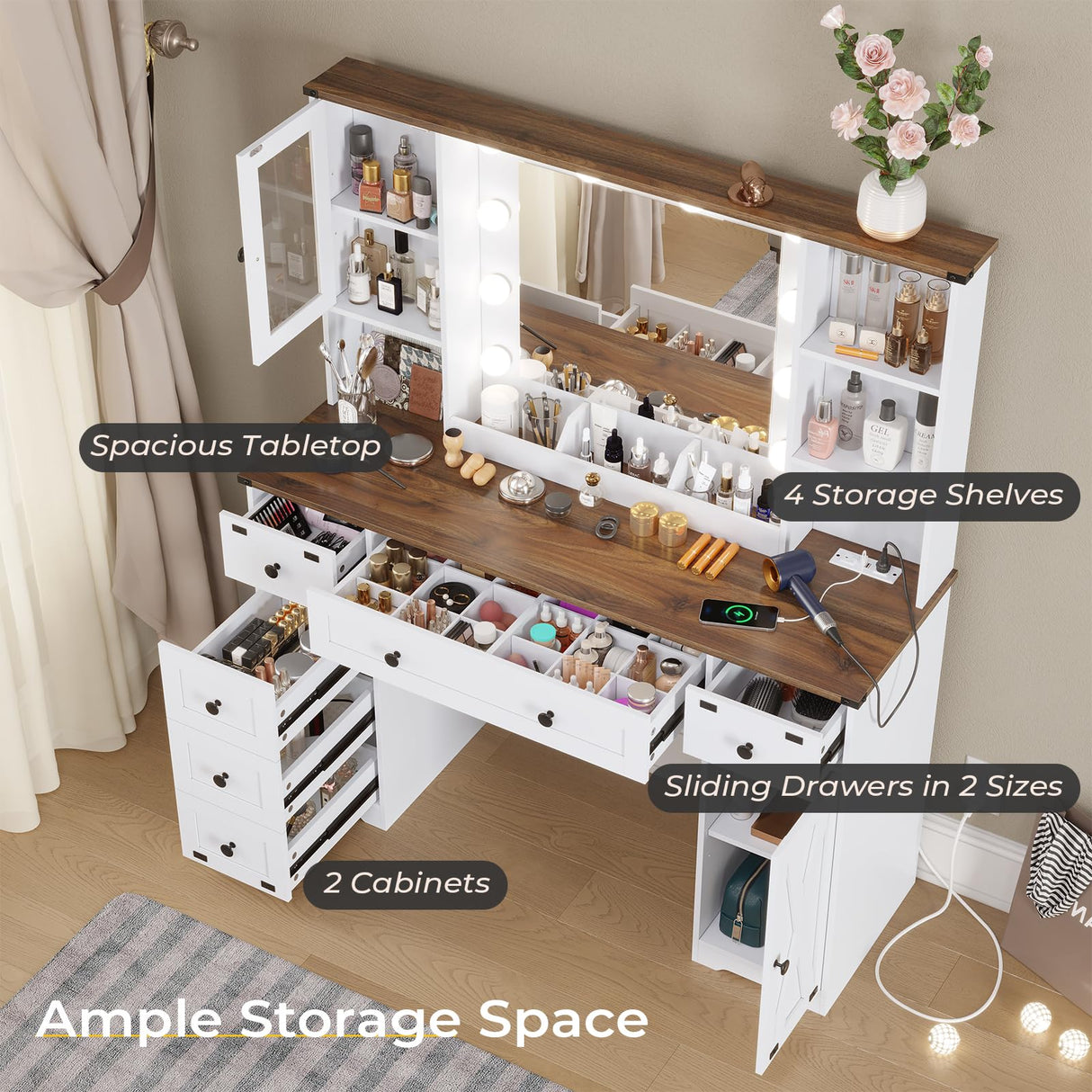 DICTAC Farmhouse Makeup Vanity Desk with Mirror and Lights, Large Vanity Table with Charging Station, 43'' Bedroom Dressing Table with 6 Drawers & 2 DICTAC