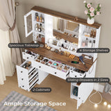 DICTAC Farmhouse Makeup Vanity Desk with Mirror and Lights, Large Vanity Table with Charging Station, 43'' Bedroom Dressing Table with 6 Drawers & 2 DICTAC