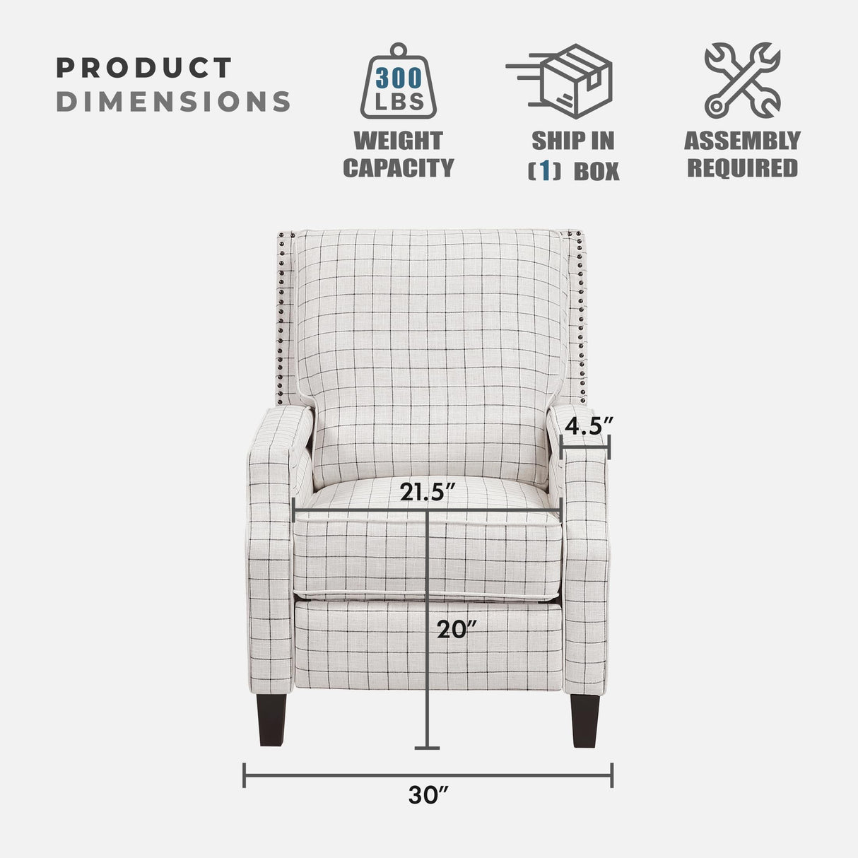 Lexicon Pushback Recliner Chair, Plaid Textured Fabric Armchair Push Back Reclining Chair, Nailhead Trim, Solid Wood Legs, Easy Assembly for Living Room/Office/Apartment, Off-White Lexicon