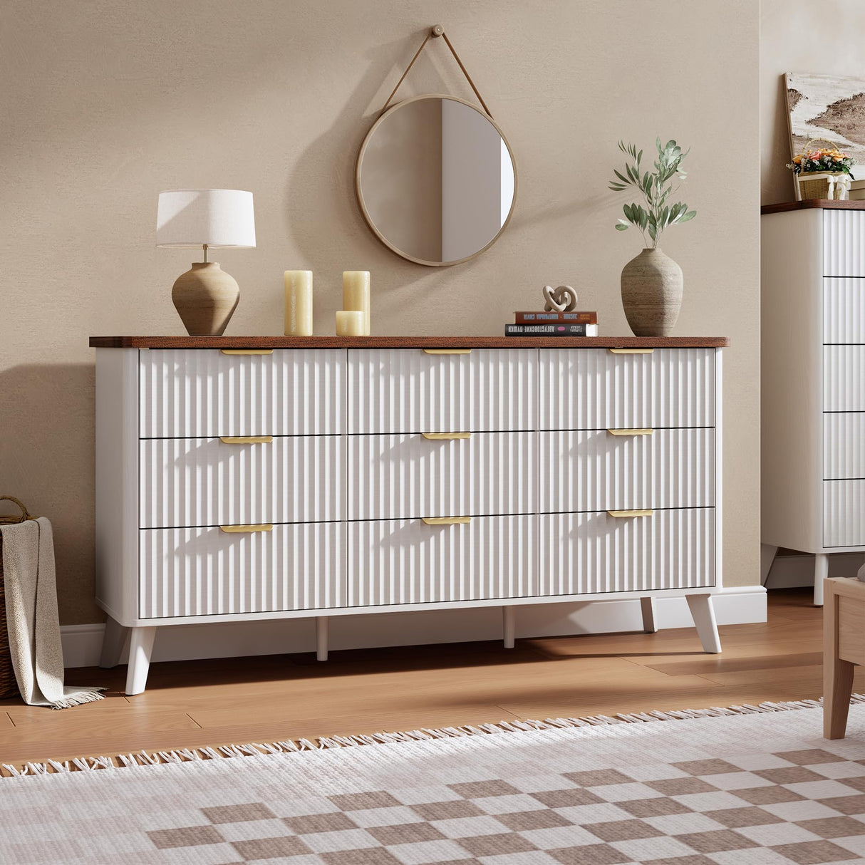 Garvee 9 Drawers Dresser for Bedroom, 60.6" Wide Dressers with Curved Profile Design, Fluted Wood Drawers with Gold Handle, Modern Chest of Dressers with Thickened Design for Living Room, White Garvee