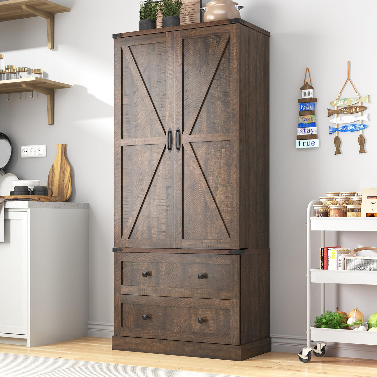Hlivelood Farmhouse Kitchen Pantry Cabinet, 71" Tall Storage Cabinet with 2 Barn Doors & 2 Drawers, Large Farmhouse Kitchen Cupboard with Adjustable Shelves, Dining Room, Living Room, Rustic Brown Hlivelood